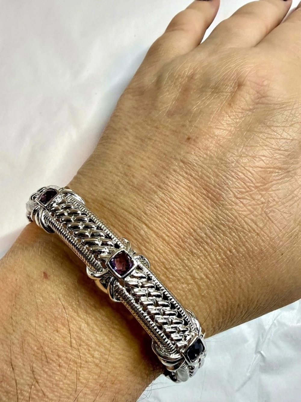 Judith Ripka Sterling Silver Amethyst Hinged Cuff Bracelet Woven Silver-Tone